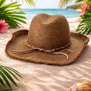 Nine West Packable Straw Hat NWT Tropical Beach Sun Hat Frayed Brim Boho Hat
